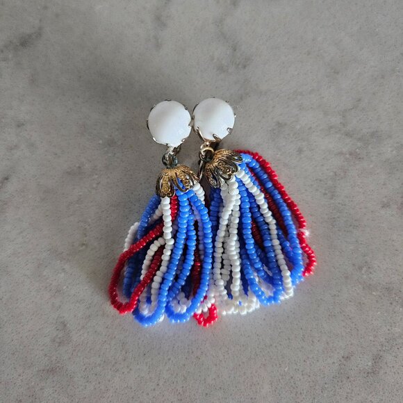 RED, WHITE, AND BLUE BEADED DANGLE CLIP-ON EARRINGS - Picture 3 of 14